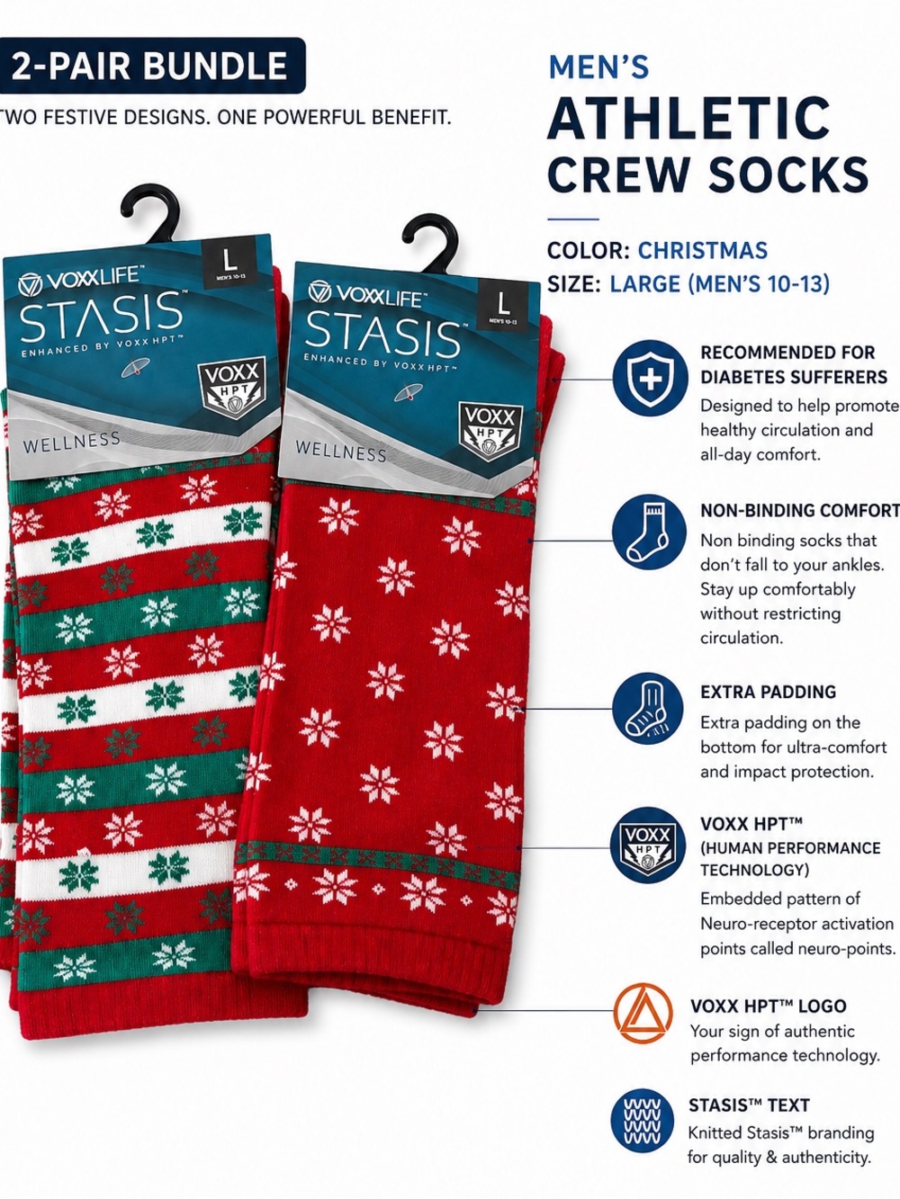 VoxxLife Stasis HPT Wellness Socks Non-binding Diabetic Lot of 2 Red Xmas NWT Lg